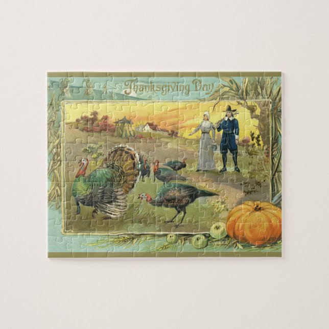 Vintage Thanksgiving med kalkoner och pilgrimer Pussel (Horisontell)