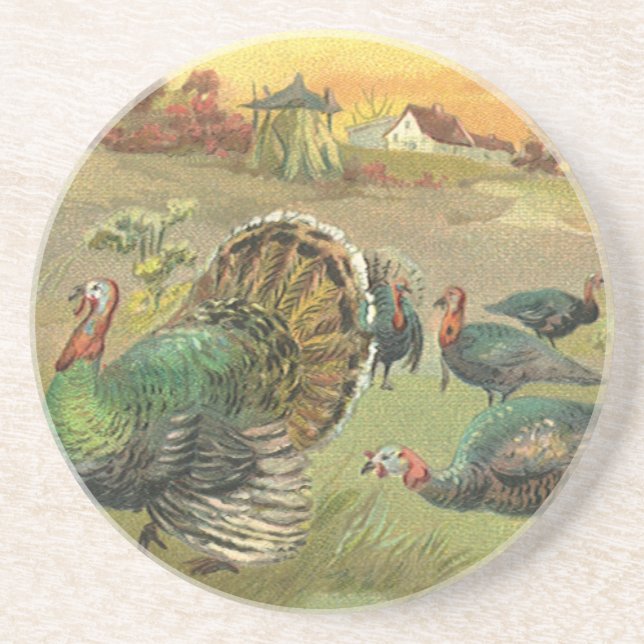 Vintage Thanksgiving med kalkoner och pilgrimer Underlägg Sandsten (Framsidan)