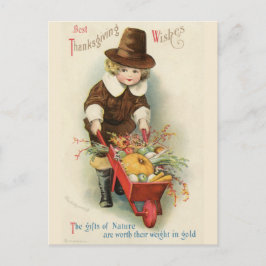 Vintage Thanksgiving Pilgrim Boy med Wheelbarrow Vykort