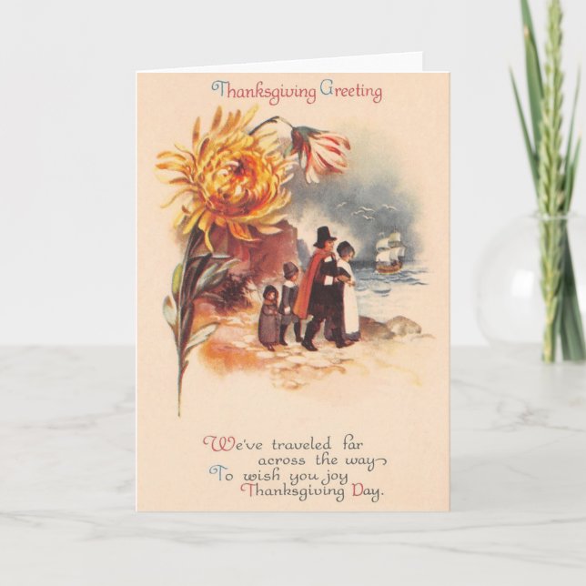 Vintage Thanksgiving Pilgrims Greeting Card Helgkort (Framsida)