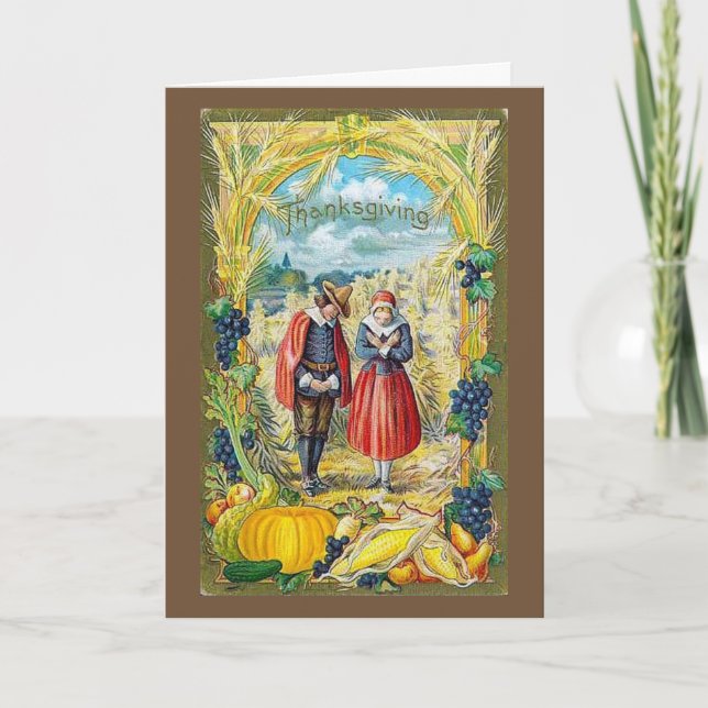 Vintage - Thanksgiving Pilgrims & Harvest Helgkort (Framsida)