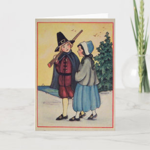 Vintage Thanksgiving Pilgrims Helgkort
