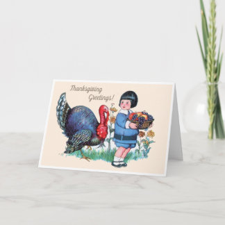 Vintage Thanksgiving Pojke med Turkiet & Skördefes Helgkort