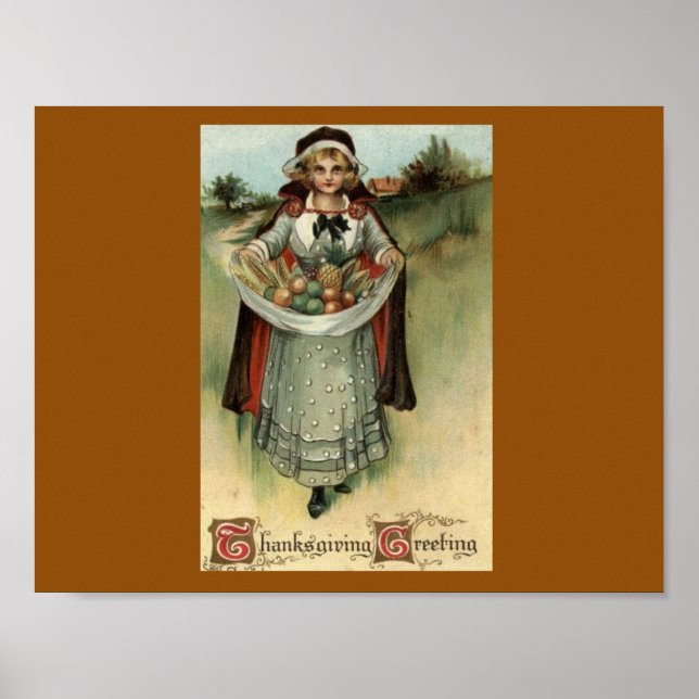 Vintage Thanksgiving Postcard Pilgrim Woman Poster (Framsidan)