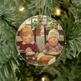 Vintage Thanksgiving, tacksamma barn Julgransprydnad Keramik