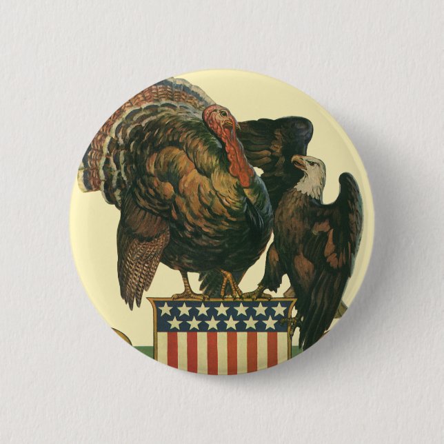 Vintage Thanksgiving Turkiet, Eagle, Amercan Flagg Knapp (Framsida)