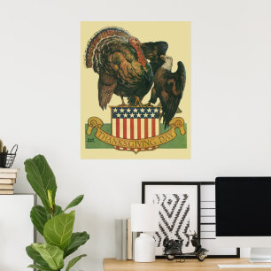 Vintage Thanksgiving Turkiet, Eagle, Amercan Flagg Poster