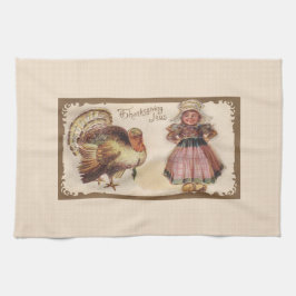 Vintage Thanksgiving, Turkiet med Pilgrim Girl Kökshandduk