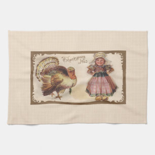 Vintage Thanksgiving, Turkiet med Pilgrim Girl Kökshandduk