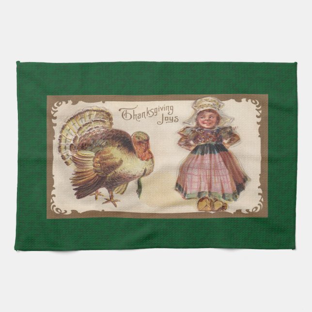 Vintage Thanksgiving, Turkiet med Pilgrim Girl Kökshandduk (Horisontell)
