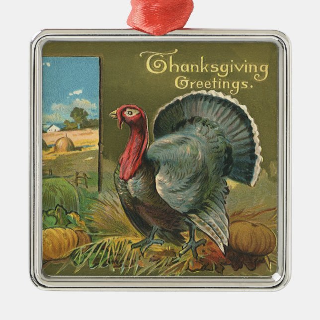 Vintage Thanksgiving, Turkiet på gården Julgransprydnad Metall (Framsidan)