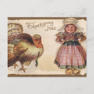 Vintage Thanksgiving, Turkiet, Pilgrim Girl Helg Vykort