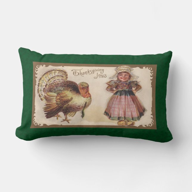 Vintage Thanksgiving, Turkiet, Pilgrim Girl Lumbarkudde (Framsida)