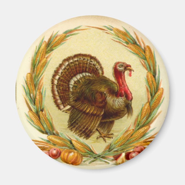 Vintage Thanksgiving Turkiet Round Magnet (Framsidan)