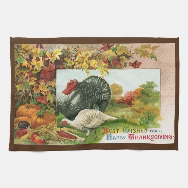 Vintage Thanksgiving, vilda kalkoner höstfärger Kökshandduk (Horisontell)
