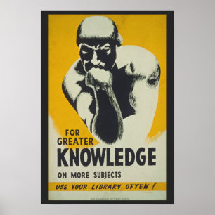 Vintage Thinker Statue WPA Chicago Yellow Library Poster