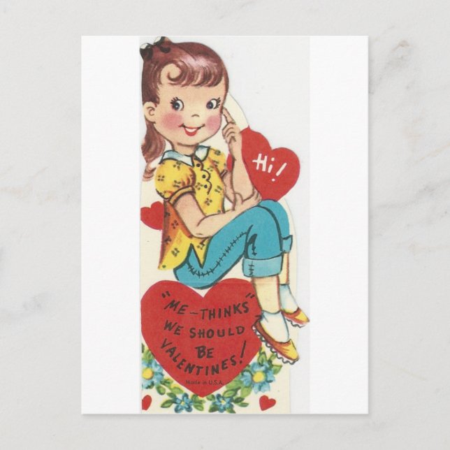 Vintage Thinking Girl Valentine Helg Vykort (Framsida)