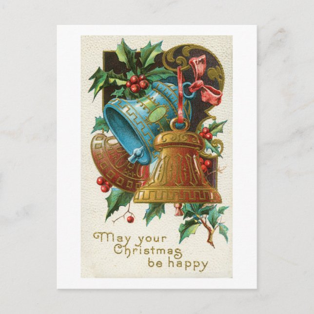 Vintage Three Bells With Holly Postcard Vykort (Framsida)