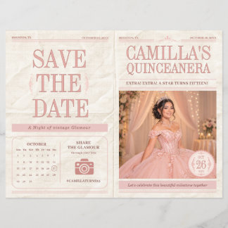 Vintage tidnings Quinceañera Spara datumet Foto Reklamblad
