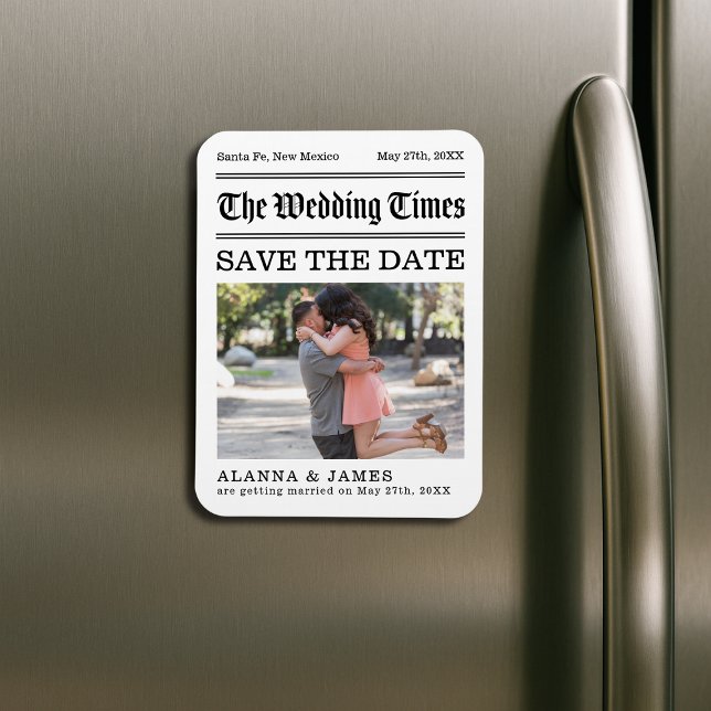 Vintage Tidningsfoto Spara Datumet Magnet (“The Wedding Times” newspaper-style Save the Date magnet featuring a romantic engagement photo.)