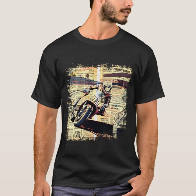 Vintage Tidningsmotorcykelracing T Shirt (Framsida)