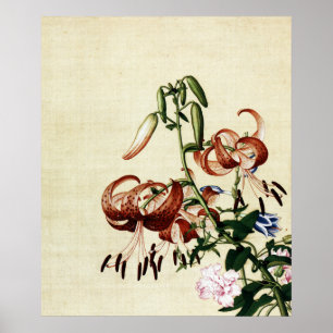 Vintage Tiger Lily och Peony Chinoiserie Art Poster