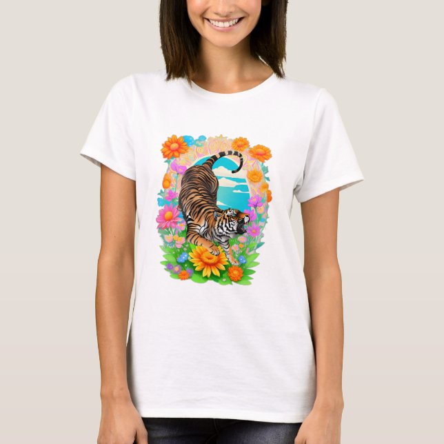 Vintage Tiger med blommor T Shirt (Framsida)