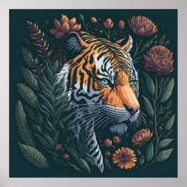 Vintage Tiger med Grönt Flora Poster