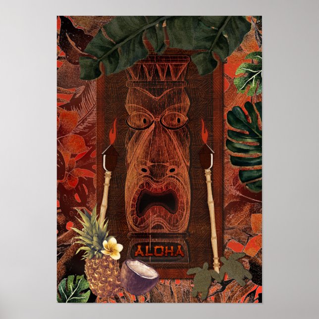 Vintage Tiki Aloha Hawaiiansk Luau Tropisk Ö Poster (Framsidan)