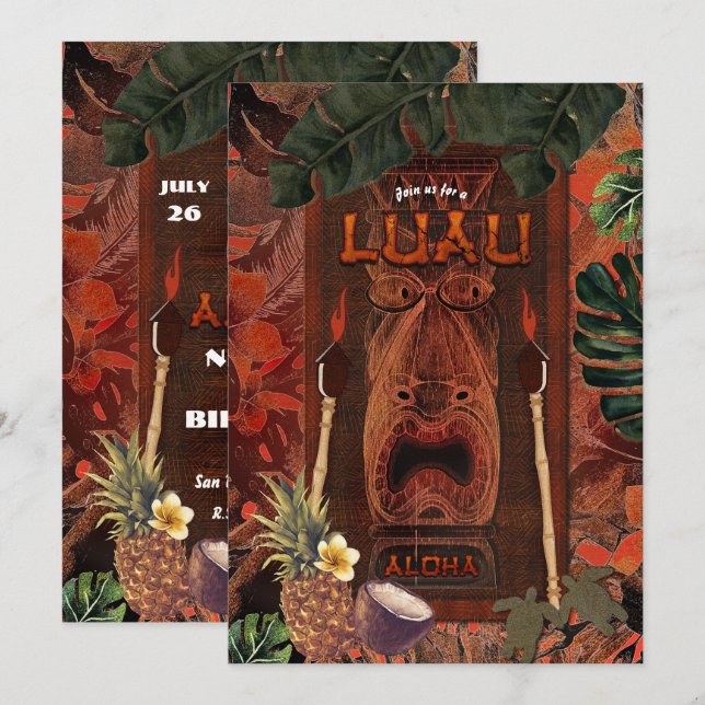 Vintage Tiki Aloha Hawaiianskt Luau Födelsedagsfes Inbjudningar (Fram/baksida)