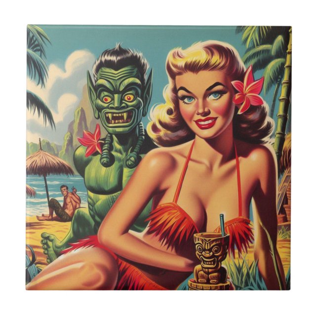 Vintage Tiki Pin Up Kakelplatta (Framsidan)