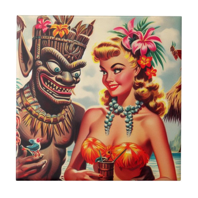 Vintage Tiki Pin-up Kakelplatta (Framsidan)