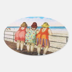 Vintage Tjock Bottomo Girls vid Beach Ovalt Klistermärke