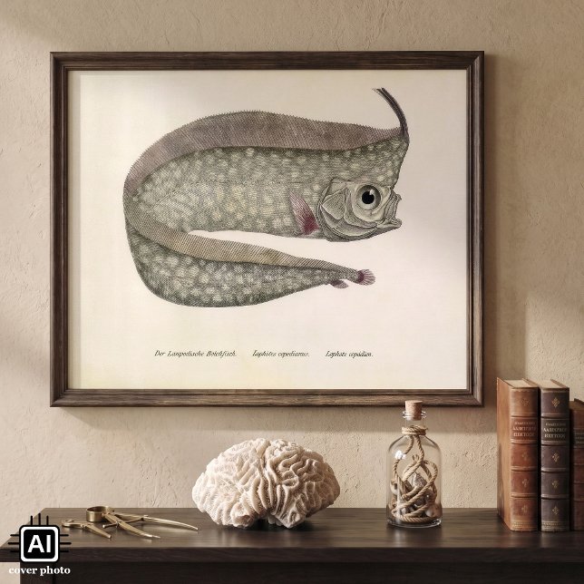 Vintage tofsikad spjutfisk, marint akvatisk liv poster (Vintage illustration marine life animal design featuring an oarfish, a ray-finned fish.)