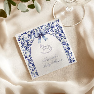Vintage Toile Blå Båge Gunghäst Baby Shower Pappersservett
