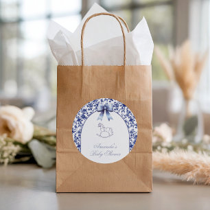 Vintage Toile Blå Båge Gunghäst Baby Shower Runt Klistermärke
