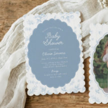 Vintage Toile Blå Blommig Scalloped Babyfirande