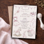 Vintage Toile Nursery Baby Girl Shower Blush Pink Inbjudningar<br><div class="desc">A vintage toile nursery objects blush pink baby girl shower design featuring a collection of classic baby essentials for the nursery, including a rocking horse, baby shoes, rattle, doll, baby blocks, and a toile patterned baby bodysuit. The soft pink toile illustrations celebrate the arrival of a sweet baby girl and...</div>