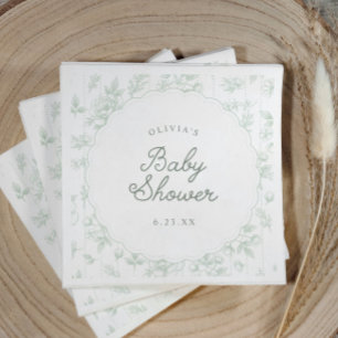 Vintage Toile Sage Blommig Bårdad Baby Shower Pappersservett