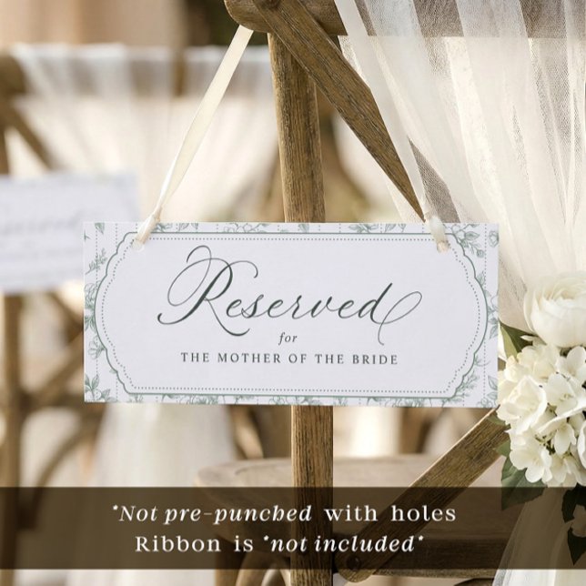 Vintage Toile Sage Bröllopsstol Reserverad Skylt (Sage green vintage French floral reserved wedding sign with scalloped frame and ribbon)