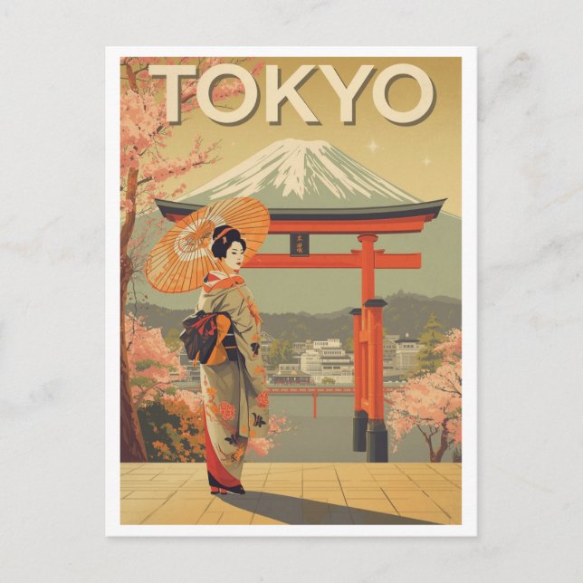Vintage Tokyo Körsbärsblom Fuji Vykort (Framsida)