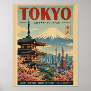 Vintage Tokyo-resemotiv med Mt. Fuji, körsbär Poster