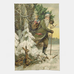 Vintage Tomte Jul Viktoriansk Högtid Träd Kökshandduk