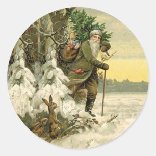 Vintage Tomte Jul Viktoriansk Högtid Träd Runt Klistermärke
