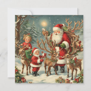 Vintage Tomte med barn, renar och presenter  Kort