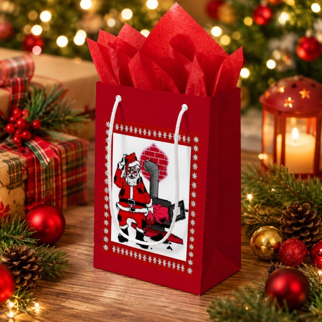 Vintage Tomte och en vedspis brännare presentpåse (Vintage Santa and a Coal Stove Burner Small Gift Bag)