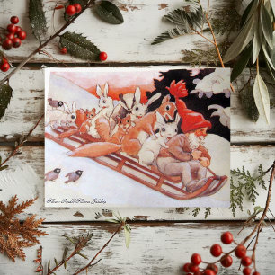 Vintage Tomte och Skogsdjur som åker släde Helgkort