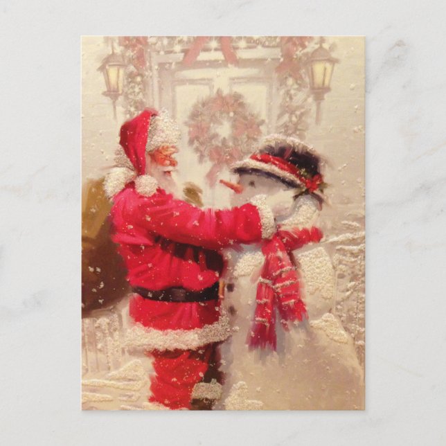 Vintage Tomte och Snöman Jul Vykort (Framsida)
