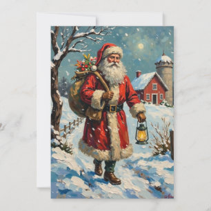 Vintage Tomte på snöig gårds väg Julkort