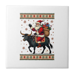 Vintage Tomte Ridande Highland Ko Jul Vektor Kakelplatta